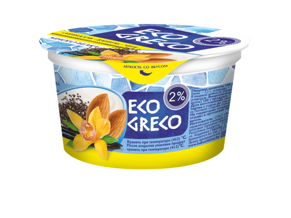 Йогурт, повышенное содержание белка, «Eco Greco», миндаль, ваниль, чиа, 2%, 130 г