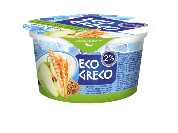 Йогурт, повышенное содержание белка, «Eco Greco», яблоко, злаки, семена льна, 2%, 130 г