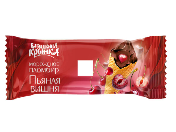 Мороженое пломбир с какао и наполнителем «Пьяная вишня» в вафельном сахарном рожке